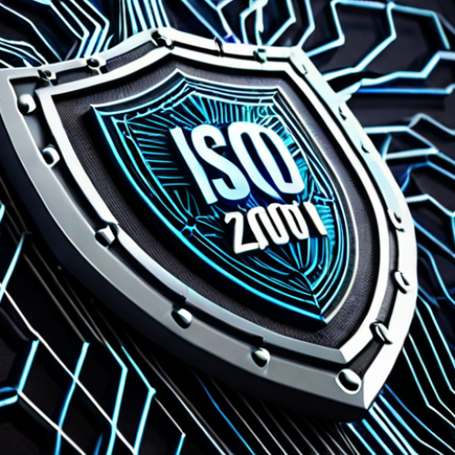 Home 4 **Image Prompt:** A stylized shield with the ISO 27001 logo emblazoned on it, deflecting streams of digital data representing cyber threats. The background is a network of interconnected nodes and lines, symbolizing a secure information system. The overall tone is modern and reassuring, emphasizing digital protection.