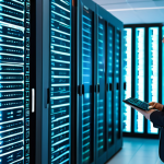 A focused cybersecurity professional, fully clothed in a modest business casual attire, standing in a modern data center server room. They are attentively observing multiple glowing digital screens displaying secure code, network architectures, and real-time threat intelligence dashboards, embodying a proactive DevSecOps approach. The environment is clean and professional, with subtle blue and green light accents from the servers. The professional has perfect anatomy, correct proportions, well-formed hands, and a natural pose, conveying expertise and vigilance. safe for work, appropriate content, professional, family-friendly.