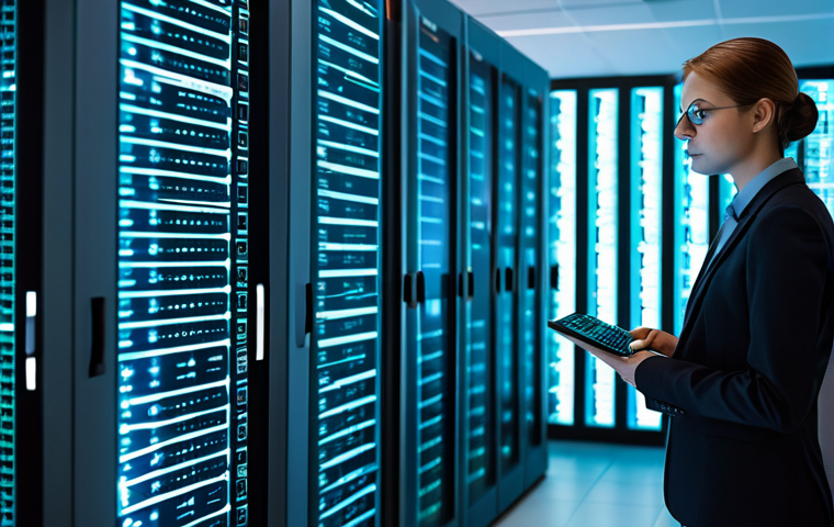 A focused cybersecurity professional, fully clothed in a modest business casual attire, standing in a modern data center server room. They are attentively observing multiple glowing digital screens displaying secure code, network architectures, and real-time threat intelligence dashboards, embodying a proactive DevSecOps approach. The environment is clean and professional, with subtle blue and green light accents from the servers. The professional has perfect anatomy, correct proportions, well-formed hands, and a natural pose, conveying expertise and vigilance. safe for work, appropriate content, professional, family-friendly.