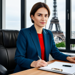 **

"A professional businesswoman in a modest business suit, sitting at a desk in a modern office overlooking Paris, fully clothed, appropriate attire, safe for work, perfect anatomy, natural proportions, professional photography, high quality."

**