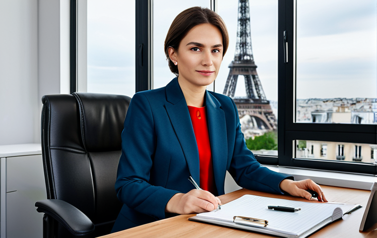 **
"A professional businesswoman in a modest business suit, sitting at a desk in a modern office overlooking Paris, fully clothed, appropriate attire, safe for work, perfect anatomy, natural proportions, professional photography, high quality."
**