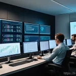 정보보안학 보안 사고 분석 - A diverse team of cybersecurity experts, dressed in professional business casual attire, intensely w...