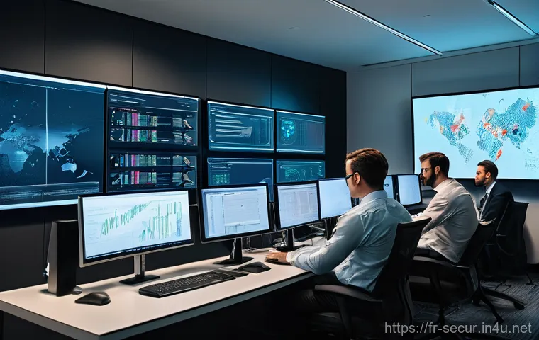 정보보안학 보안 사고 분석 - A diverse team of cybersecurity experts, dressed in professional business casual attire, intensely w...