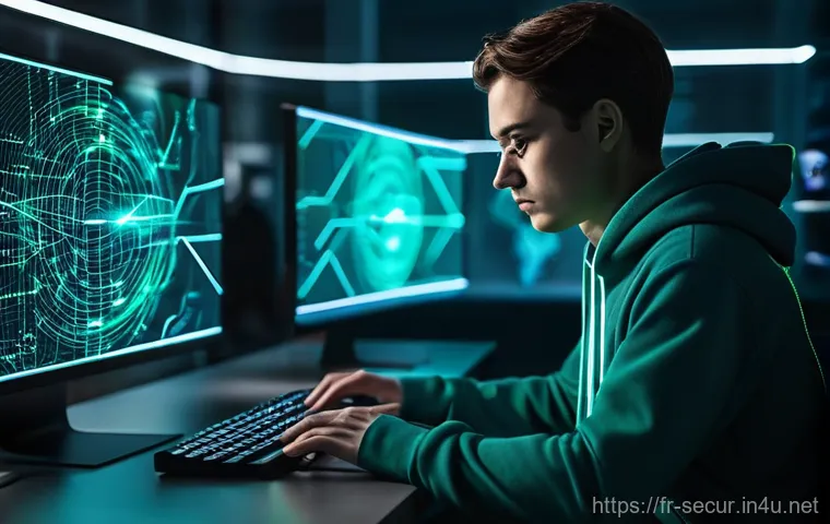 정보보안학 사이버 범죄 분석 - **Prompt: The Architect of Digital Deception**
    A highly detailed, cinematic shot of a person, ge...