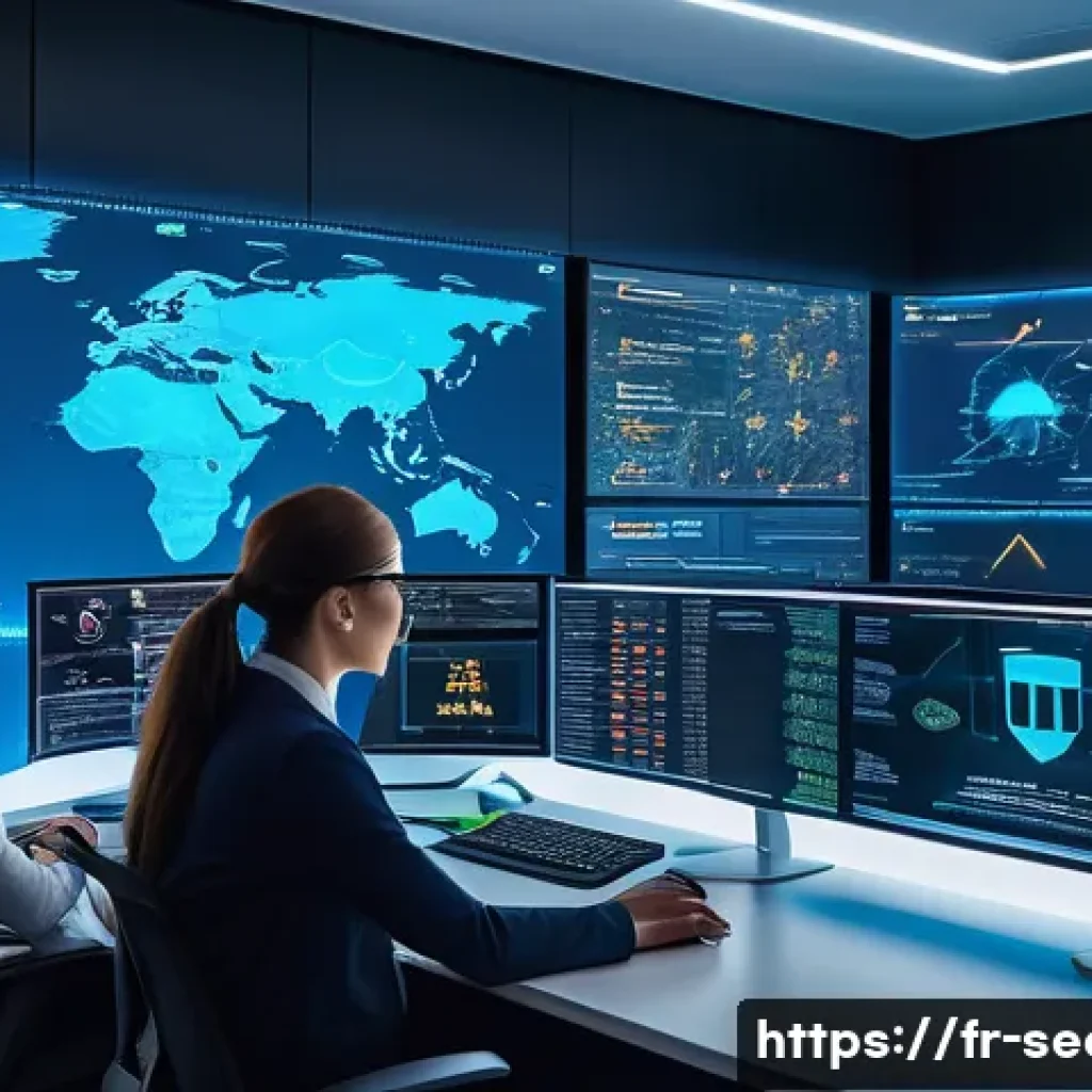 정보보안학 석사과정 - A detailed digital illustration of a modern cybersecurity command center in a European corporate off...