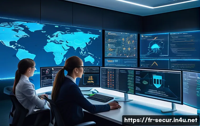 정보보안학 석사과정 - A detailed digital illustration of a modern cybersecurity command center in a European corporate off...
