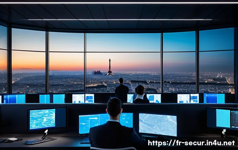 정보보안학 침해 대응 팀 역할 - A high-tech cybersecurity operations center in Paris, featuring a diverse team of French IT professi...