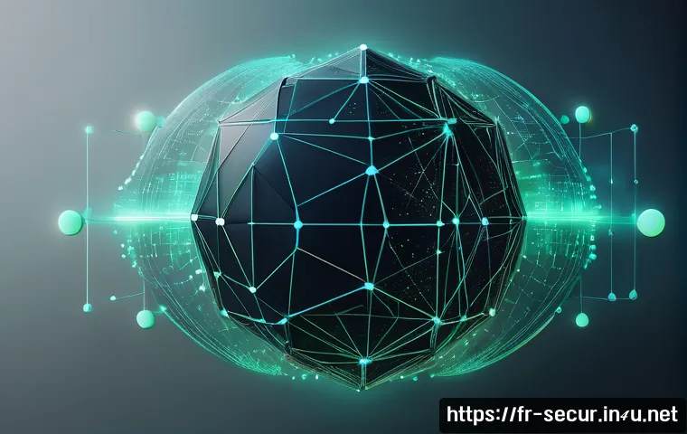 정보보안학 블록체인 기술 - A futuristic digital network visualization showcasing a decentralized blockchain system protecting s...