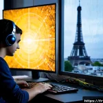 정보보안학 해킹 기법 - Photorealistic cybersecurity training lab in Paris, a French university student wearing casual cloth...
