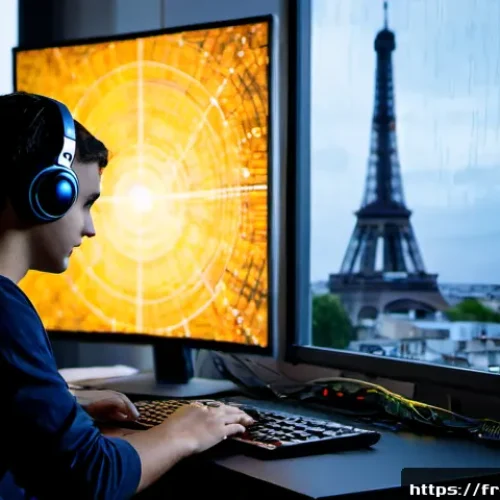 정보보안학 해킹 기법 - Photorealistic cybersecurity training lab in Paris, a French university student wearing casual cloth...