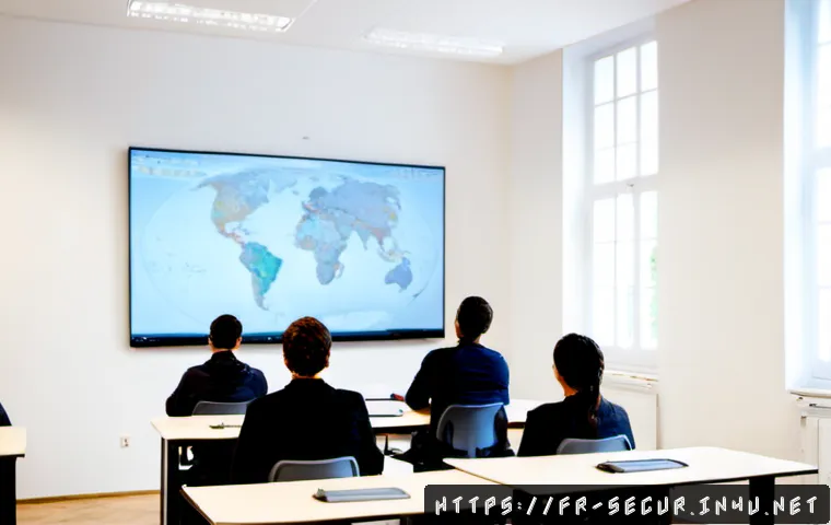 정보보안학 보안 교육 프로그램 - Photorealistic cybersecurity education workshop in a modern French university computer lab, diverse ...