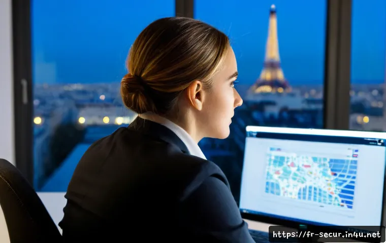 정보보안학 해킹 및 침해 분석 - Photorealistic cybersecurity analyst in a modern Paris office, examining a laptop with abstract non-...