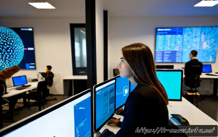정보보안학 보안 솔루션 - Photorealistic cybersecurity solutions workspace in a modern French university computer lab, diverse...