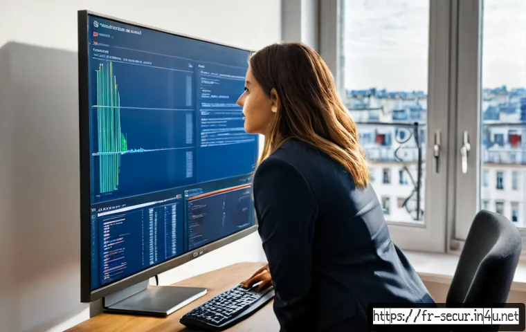 Home 30 정보보안학 보안 취업 동향 - Photorealistic French cybersecurity graduate in a modern Paris office, confidently reviewing abstrac...