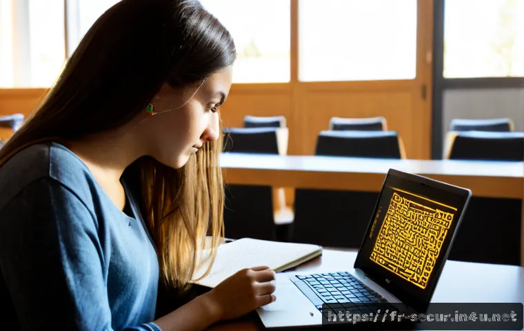 Home 17 정보보안학 암호화 이론 - Photorealistic cybersecurity student in a modern French university library, studying encryption theo...
